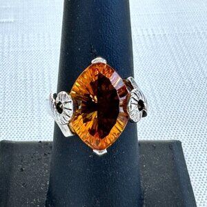 925 Silver Ring Faceted Amber Glass Stone Size 8